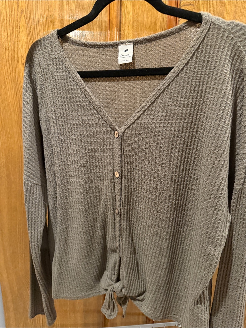 Lennon Taupe Waffle-Knit Button Front Top with Tie